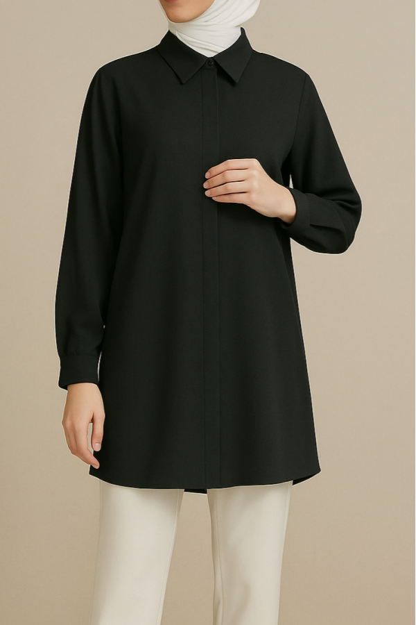 Hidden Button Classic Collar Shirt Tunic -Black