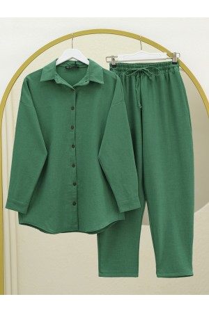 Boydan Düğmeli Pantolon Gömlek Keten Takım -Koyu Yeşil