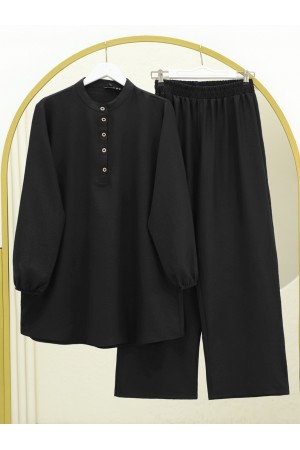 بدلة كتان بياقة عالية مرنة ذات أزرار نصفية  -أسود