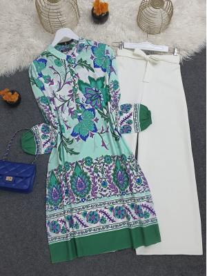 Çiçek Desenli Yarım Düğmeli Pamuk Viskon Tunik -Yeşil