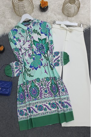 Çiçek Desenli Yarım Düğmeli Pamuk Viskon Tunik -Yeşil