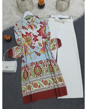 Floral Patterned Half Buttoned Cotton Viscose Tunic -Brick color