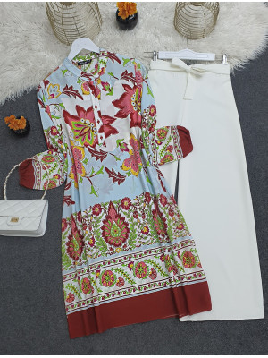 Çiçek Desenli Yarım Düğmeli Pamuk Viskon Tunik -Kiremit