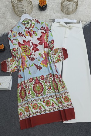 Çiçek Desenli Yarım Düğmeli Pamuk Viskon Tunik -Kiremit