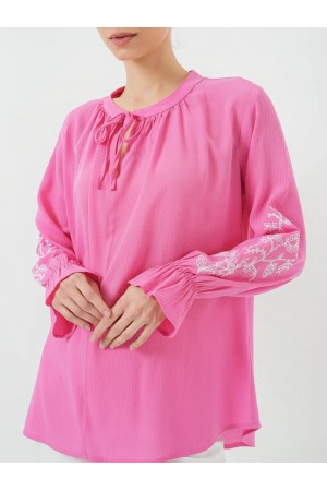 Shirt with Tied Collar and Embroidered Elastic Sleeves -Pink