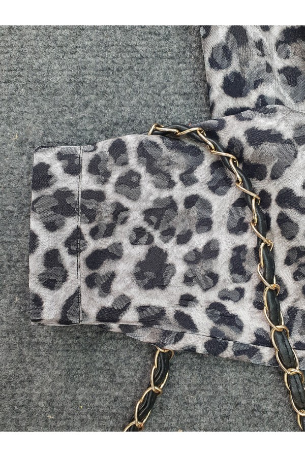 Leopar Desen Düğmeli Oval Kesim Gömlek -Gri