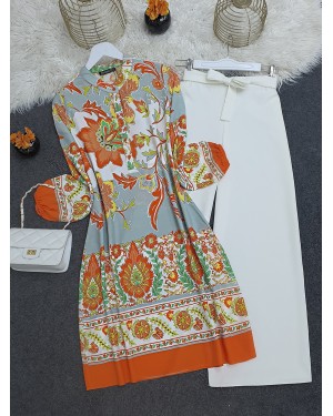 Floral Patterned Half Buttoned Cotton Viscose Tunic -Orange