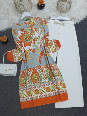 Çiçek Desenli Yarım Düğmeli Pamuk Viskon Tunik -Turuncu