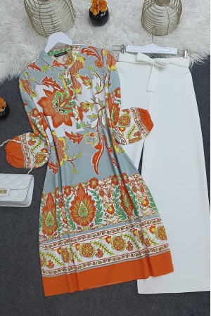 Çiçek Desenli Yarım Düğmeli Pamuk Viskon Tunik -Turuncu