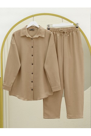 Boydan Düğmeli Pantolon Gömlek Keten Takım -Vizon