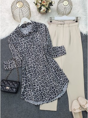 Leopar Desen Düğmeli Oval Kesim Gömlek -Gri