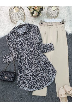 Leopar Desen Düğmeli Oval Kesim Gömlek -Gri
