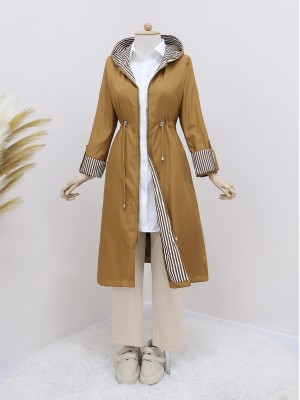 Belden Sıkmalı Kapitone Astarlı Kapşonlu Trençkot -Taba