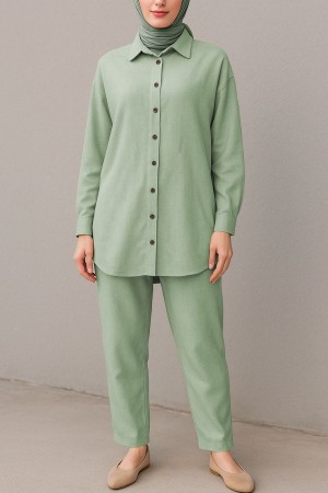Boydan Düğmeli Pantolon Gömlek Keten Takım -Su Yeşili