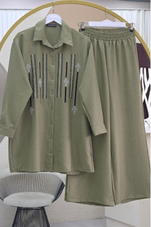 Önü Düğmeli Pul Payetli Pantolonlu Sofya Keten Takım  -Haki