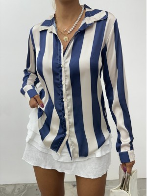 Boydan Düğmeli Arkası Uzun Saten Gömlek  -Laci