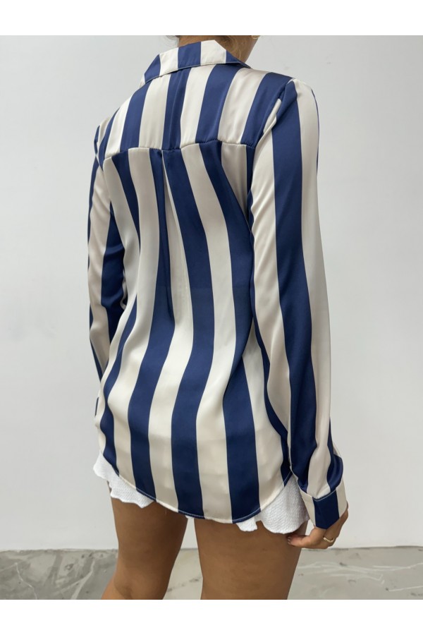Button Down Back Long Satin Shirt  -Navy blue
