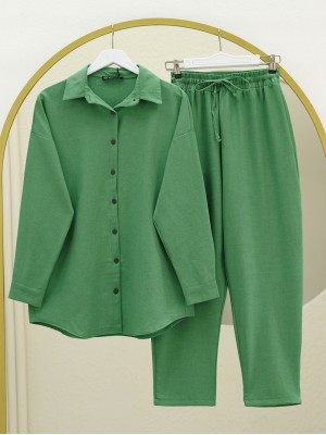 Boydan Düğmeli Pantolon Gömlek Keten Takım -Yeşil