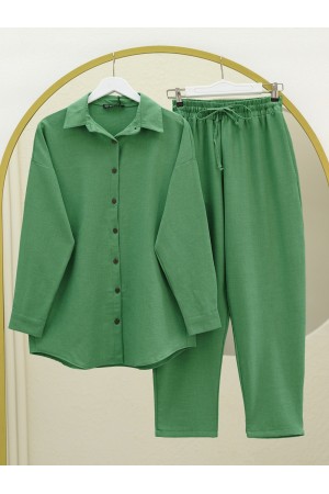 Boydan Düğmeli Pantolon Gömlek Keten Takım -Yeşil
