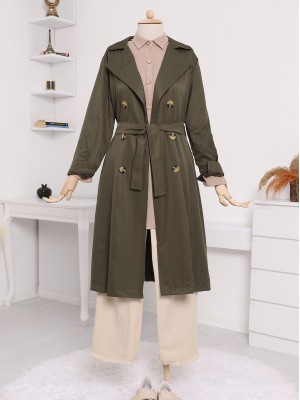 Çift Düğme Kemerli Uzun Trenckot -Haki