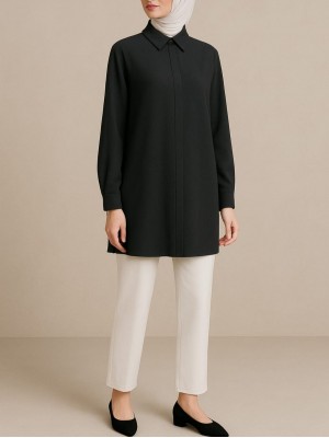 Gizli Düğmeli Klasik Yaka Gömlek Tunik -Siyah