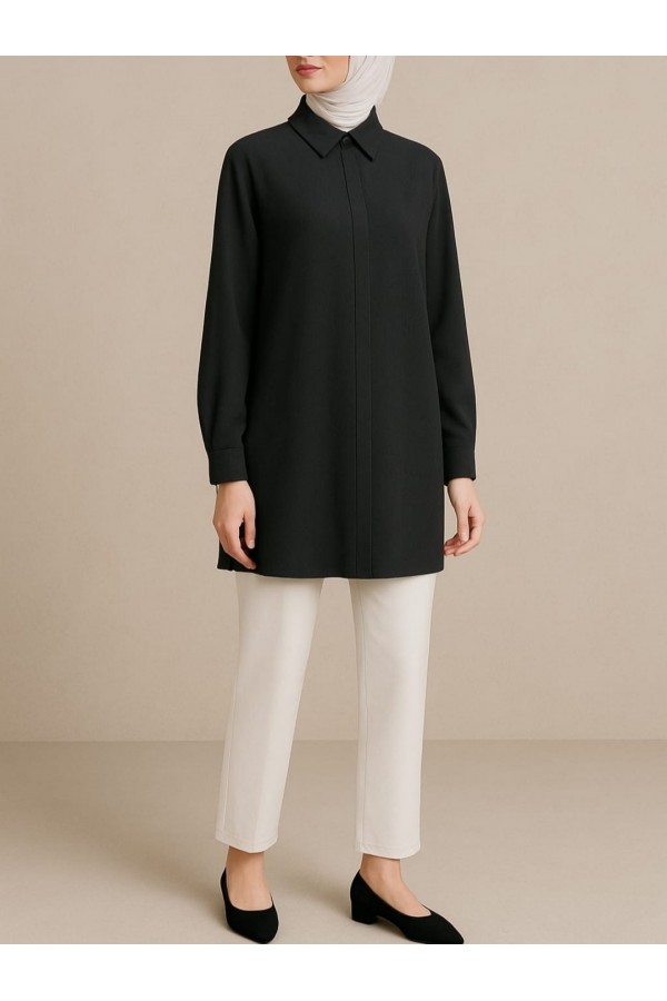 Hidden Button Classic Collar Shirt Tunic -Black