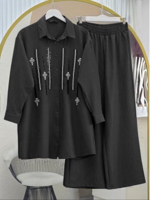 Önü Düğmeli Pul Payetli Pantolonlu Sofya Keten Takım  -Siyah