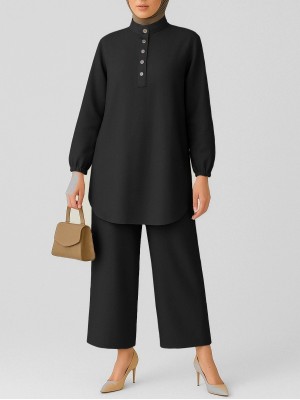 Yarım Düğmeli Koli Lastikli Dik Yaka Keten Takım  -Siyah