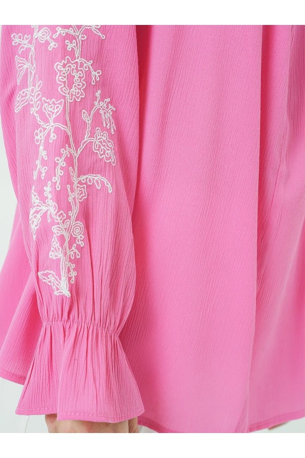 Yakası Bağlamalı Kolu Nakışlı Lastikli Gömlek -Pembe