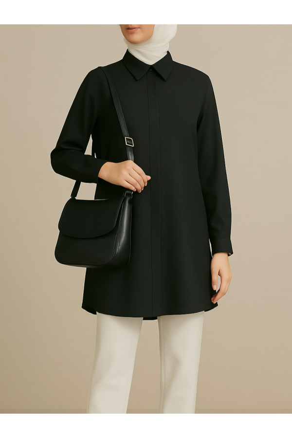 Hidden Button Classic Collar Shirt Tunic -Black