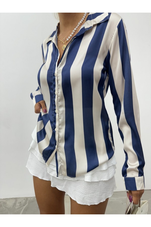 Button Down Back Long Satin Shirt  -Navy blue