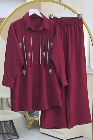 Önü Düğmeli Pul Payetli Pantolonlu Sofya Keten Takım  -Bordo