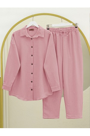 Boydan Düğmeli Pantolon Gömlek Keten Takım -Pudra
