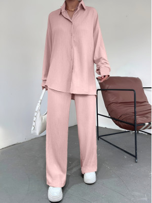 Boydan Düğmeli Salaş Krınkıl İkili Takım     -Pudra