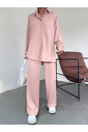 Boydan Düğmeli Salaş Krınkıl İkili Takım     -Pudra