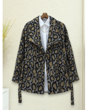 Leopar Desenli Astarlı Beli Bağlamalı Kaşe Ceket  -Gri