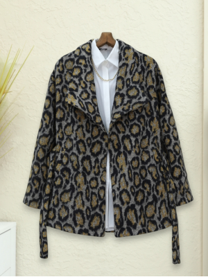 Leopar Desenli Astarlı Beli Bağlamalı Kaşe Ceket  -Gri