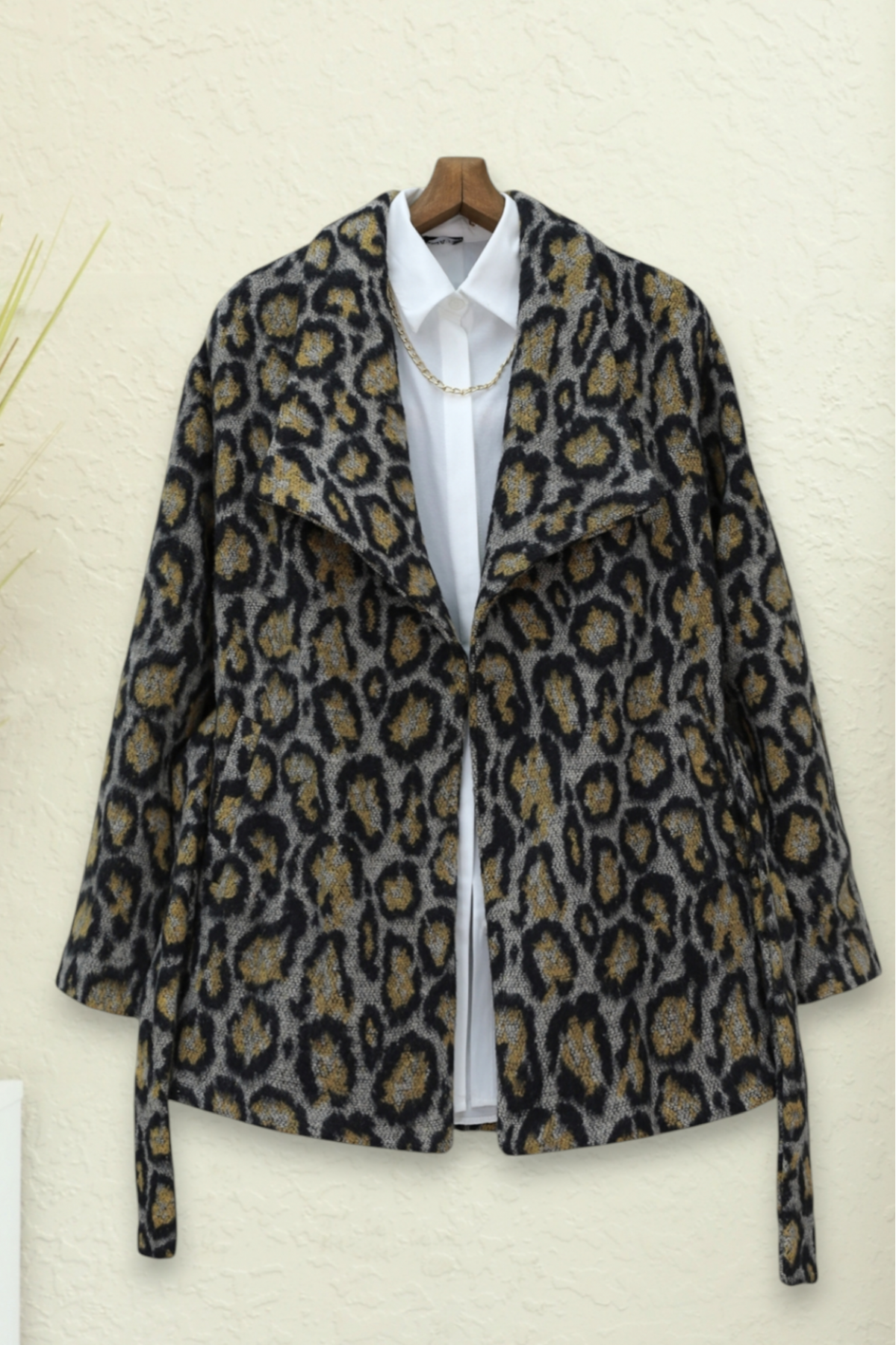 Leopar Desenli Astarlı Beli Bağlamalı Kaşe Ceket  -Gri