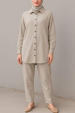 Boydan Düğmeli Pantolon Gömlek Keten Takım -Bej