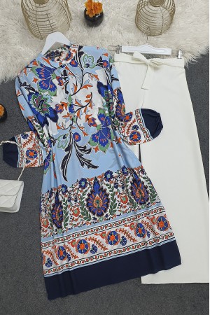 Çiçek Desenli Yarım Düğmeli Pamuk Viskon Tunik -Laci