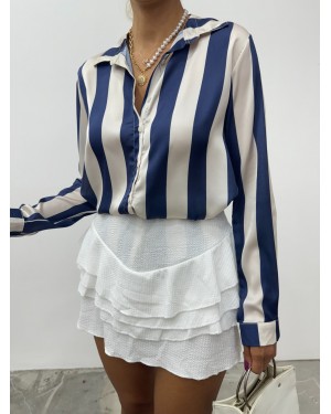 Button Down Back Long Satin Shirt  -Navy blue