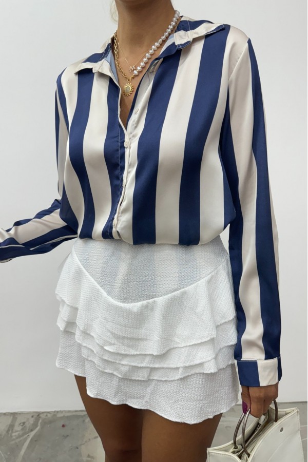 Button Down Back Long Satin Shirt  -Navy blue