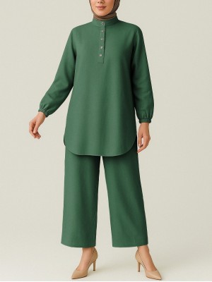 Yarım Düğmeli Koli Lastikli Dik Yaka Keten Takım -Zümrüt