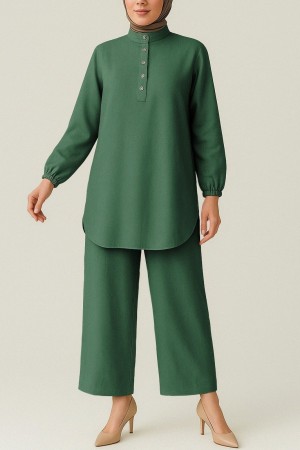Yarım Düğmeli Koli Lastikli Dik Yaka Keten Takım -Zümrüt