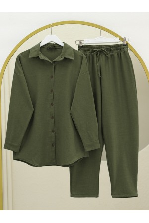 Boydan Düğmeli Pantolon Gömlek Keten Takım -Haki