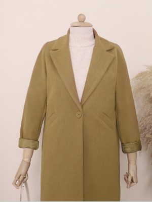 Tek Düğmeli Astarlı Kışlık Kaşe Kaban -Hardal