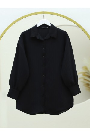 Klasik Yaka Boydan Düğmeli Oval Kesim Gömlek -Siyah