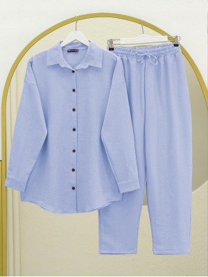 Boydan Düğmeli Pantolon Gömlek Keten Takım -Bebe Mavi