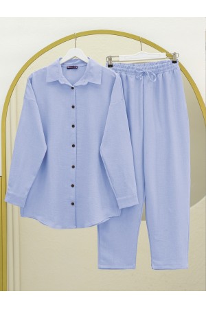 Boydan Düğmeli Pantolon Gömlek Keten Takım -Bebe Mavi