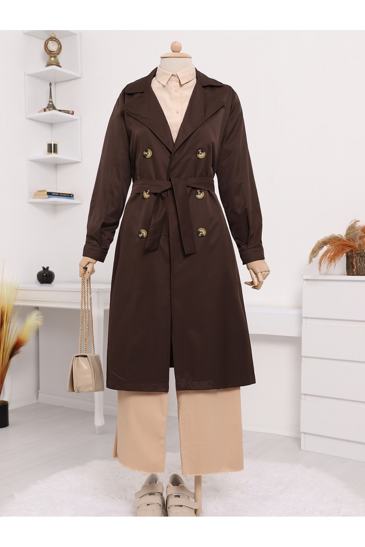Shawl Collar Belted Long Trench Coat -Brown